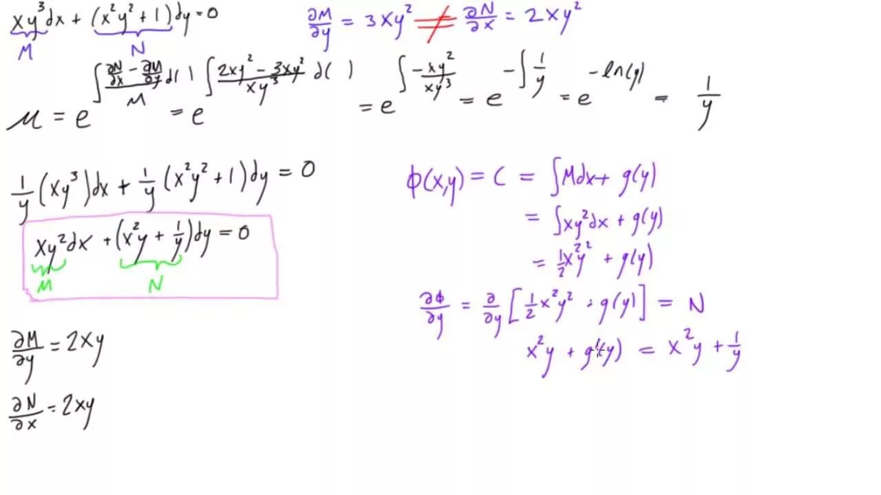 Integer factor. Exact differential equation. интеграл xdy+ydx. integral equations. integrating factor examples.