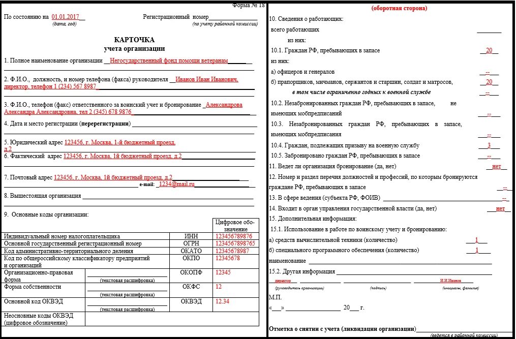 Образец заполнения карточки учета организации форма 18 нового образца. Карточка учета форма 18 образец заполнения. Воинский учет карточка учета организации форма 18 образец заполнения. Карточка предприятия для военкомата.