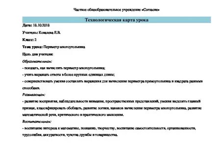 Технологическая карта урока математики 2 класс