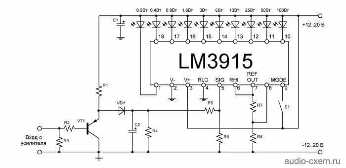 Lm3915 индикатор уровня. Светодиодный индикатор уровня сигнала на lm3915 схема. Индикатор уровня на lm3915 схема. Lm3915 схема включения. Индикатор для усилителя мощности на lm3915.