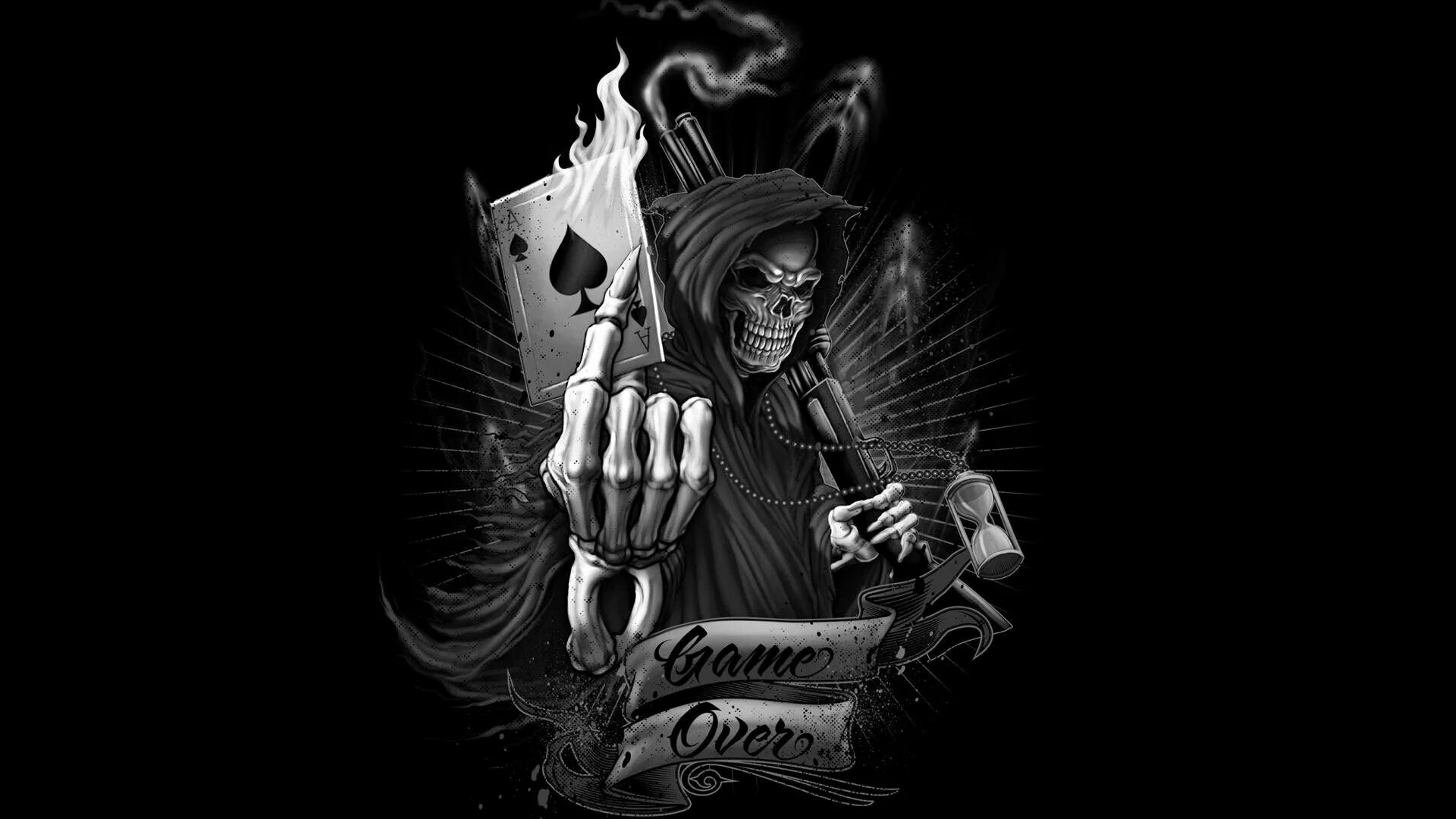 Смерть на темном фоне. Аниме обои мальчики. Заставки на рабочий стол черно белые. Смерть с пистолетом. Череп на черном фоне картинки.