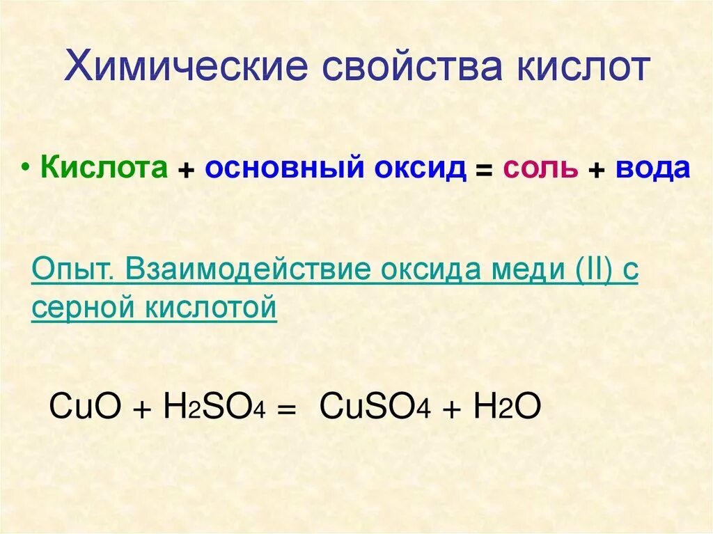 Основной оксид плюс кислота реакция. Химические св ва кислот 8 класс. Взаимодействие оксида меди (II) С серной кислотой. Реакция взаимодействия серной кислоты. Химия взаимодействие кислот с кислотой.