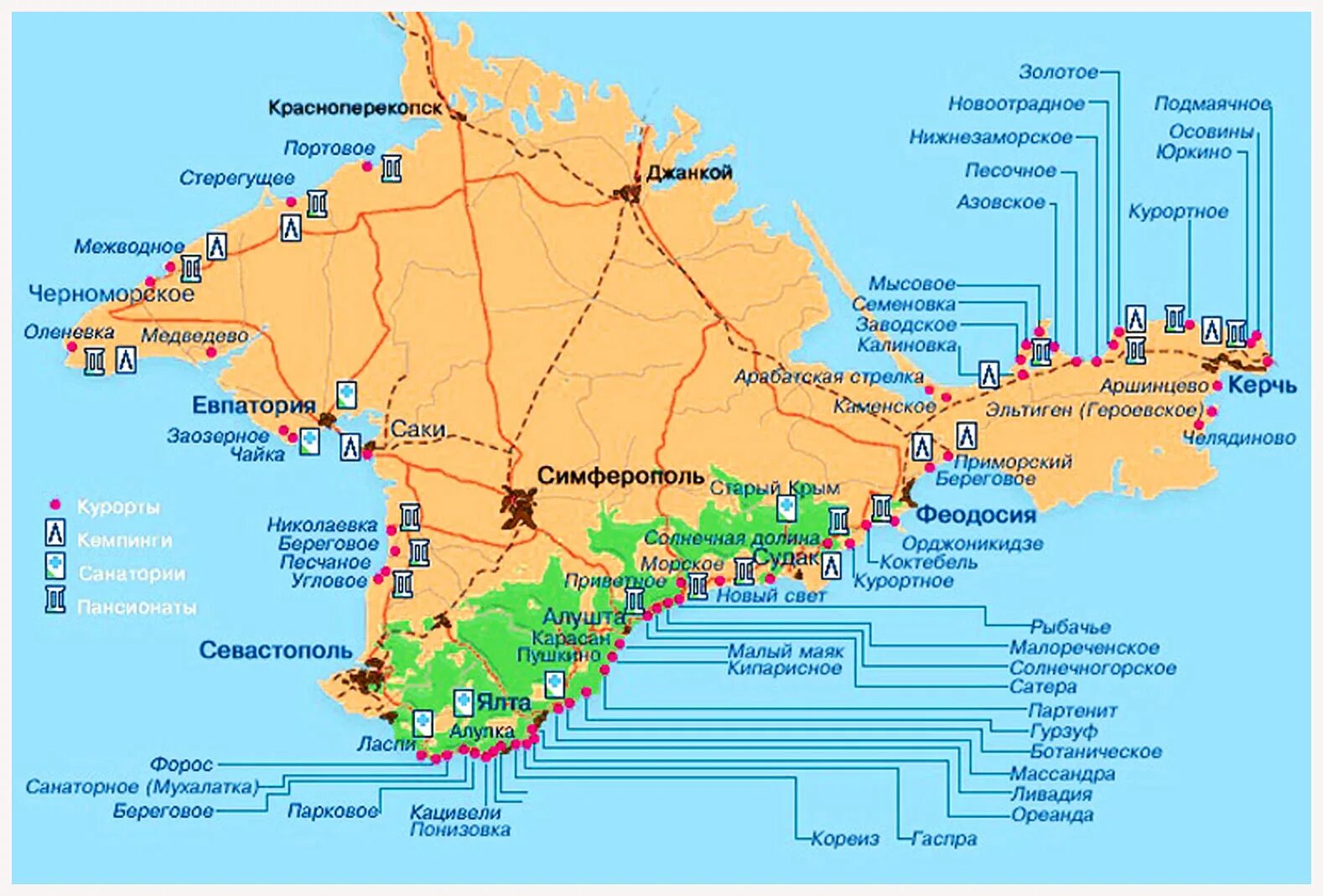 Какие города расположены в крыму. Карта Крыма с курортами. Карта побережья Крыма. Карта Крыма подробная туристическая. Курортные города Крыма на карте.