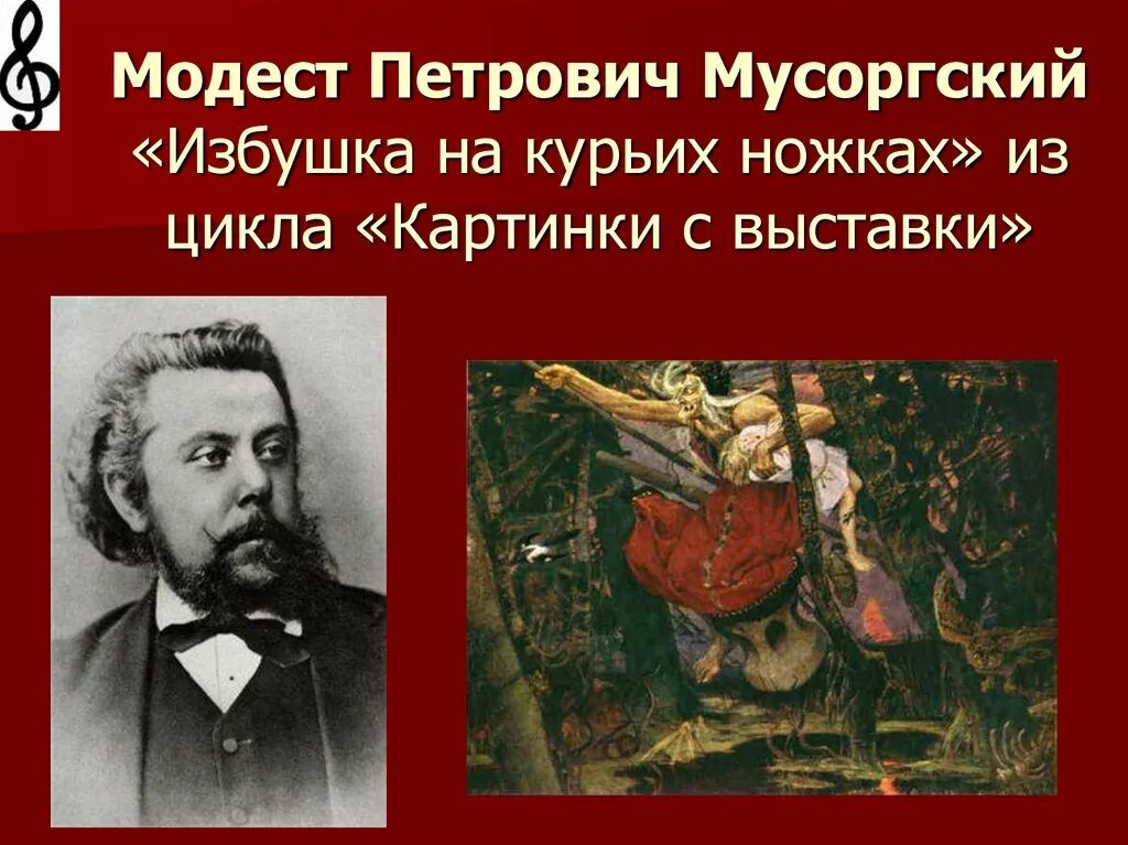 Мусоргский картинки. Модест Петрович Мусоргский избушка на курьих ножках. Модест Петрович Мусоргский из цикла детская. Цикл картины с выставки Мусоргский. Мусоргский избушка на куртихножках.