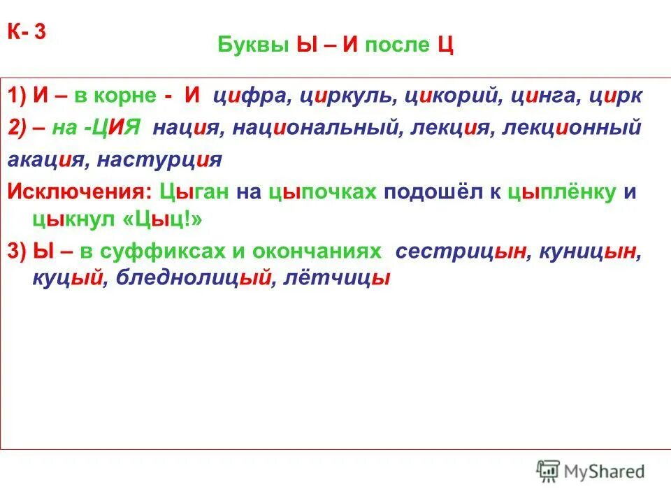и ы после шипящих и ц. буква о после ц заимствованных словах. после ц в окончаниях и суффиксах. и ы после ц в корне. и пишется в словах на ция буква.
