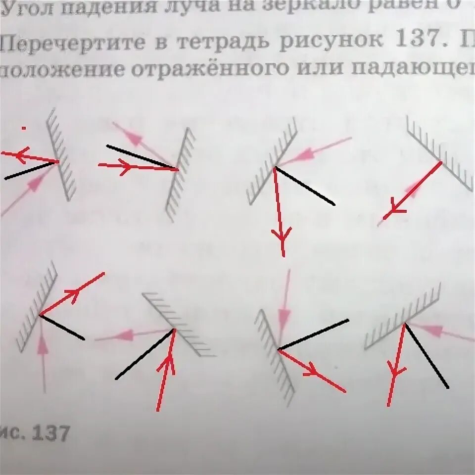 Перечертите в тетрадь рисунок. Перечертите рисунки.для каждого случая положение. Положение отраженного луча. Угол падения луча на зеркало равен. Угол падения равен нулю.