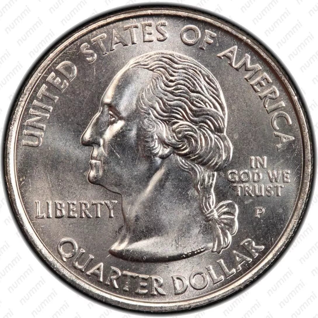 Монета квотер Аляска. 25 Центов США Аверс. США 1/4 доллара (квотер, 25 центов) 2008 p "штат Оклахома". Quarter Dollar 2008 Alaska.