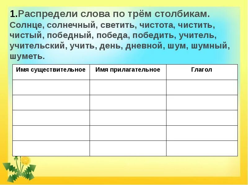 Распредели слова. Распредели слова в три столбика. Распредели слова по трем столбикам солнце Солнечный светить чистота. Глаголы к слову солнце.