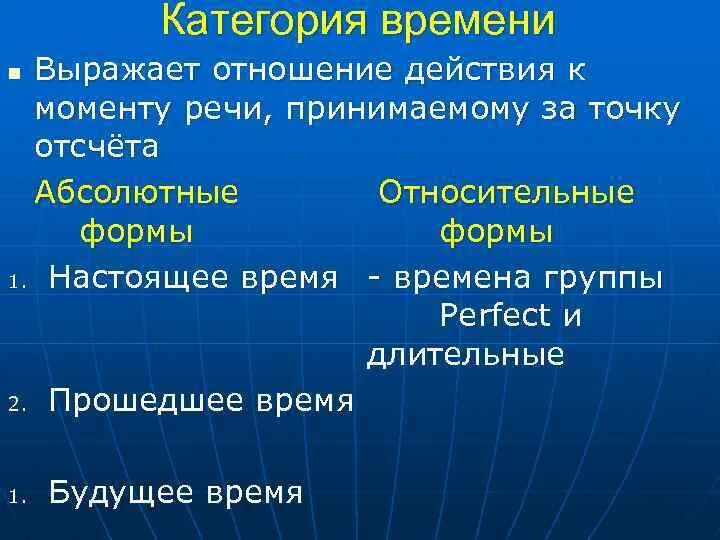 Категория времени. Типология морфологических ошибок. Категория выражающая отношения времени. 8. Категория времени.. Типы категории времени