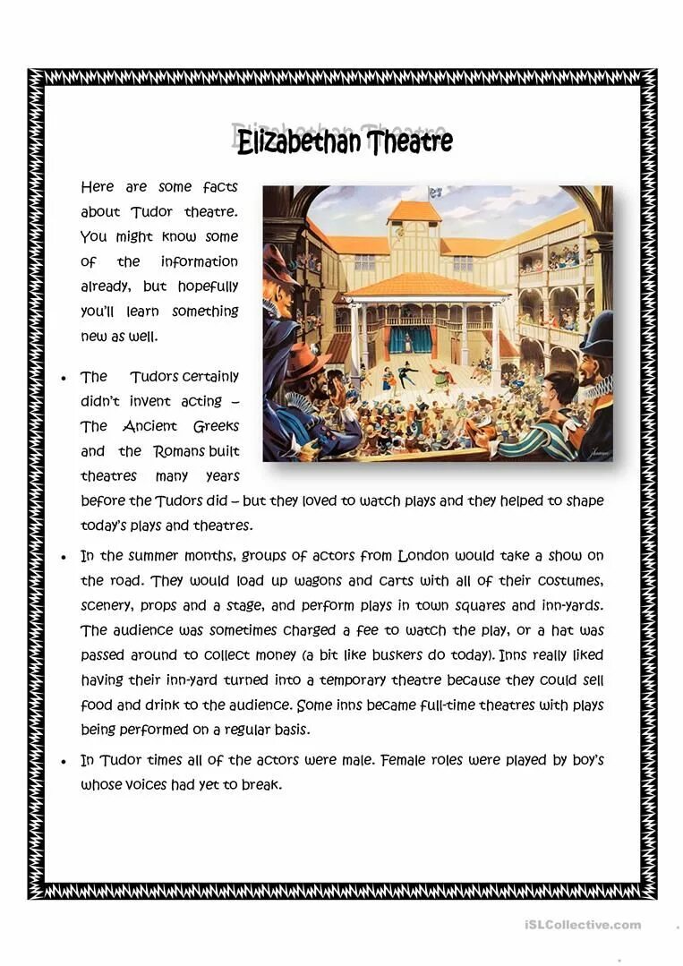 Elizabethan Theatre. Theatre in English for Kids. Theatre Vocabulary Worksheets.