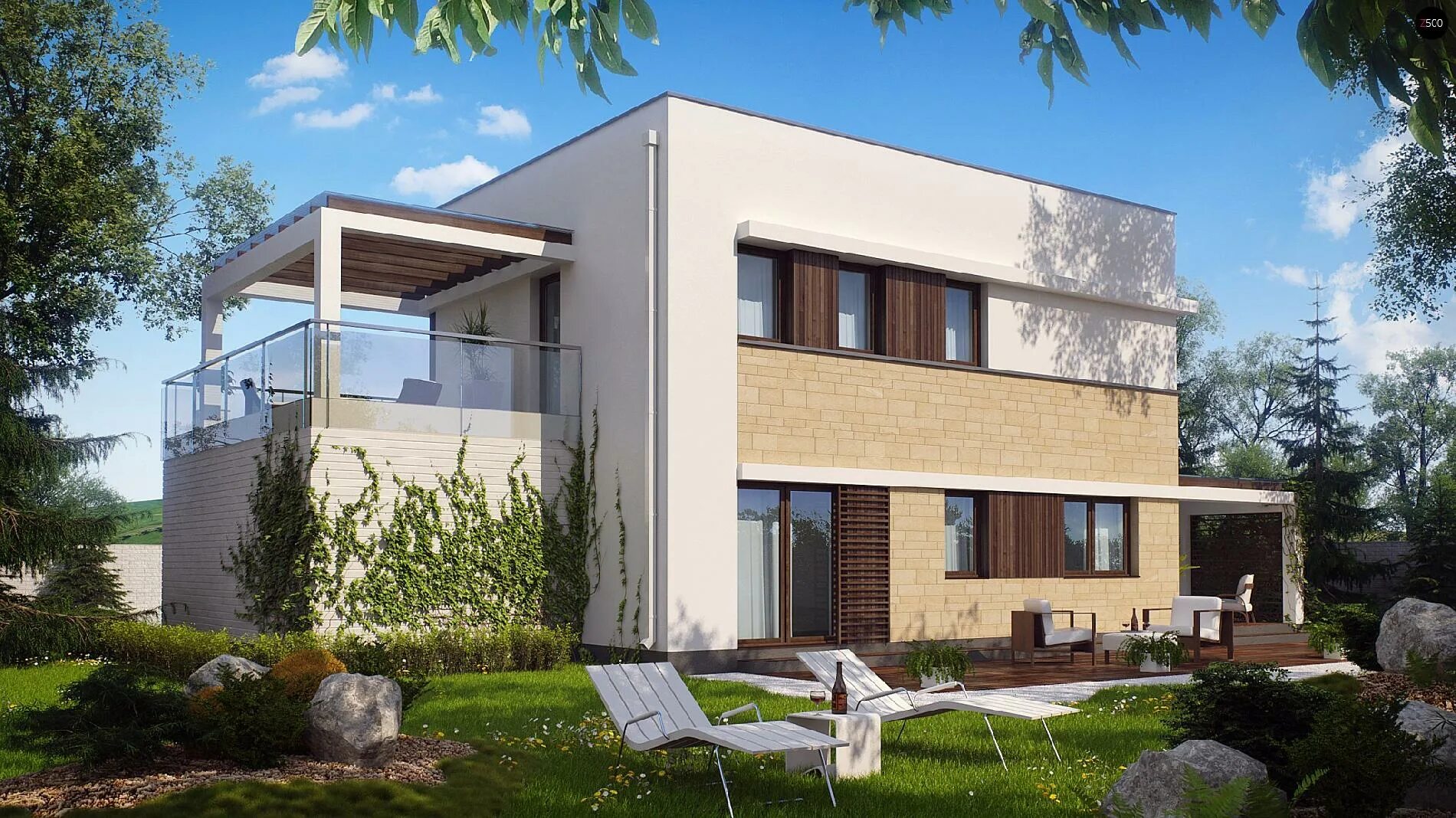 Zx63 c. Современный двухэтажный дом с гаражом. Топдом экстерьер. Коттедж с плоской крышей. Проект zx113.