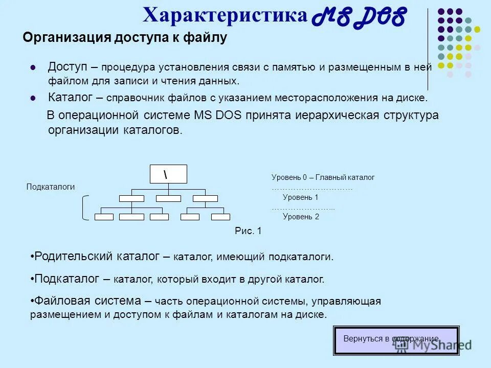 Организация доступа к файлам. Файловая система dos. Типы доступа к файлам. Характеристика MS dos.