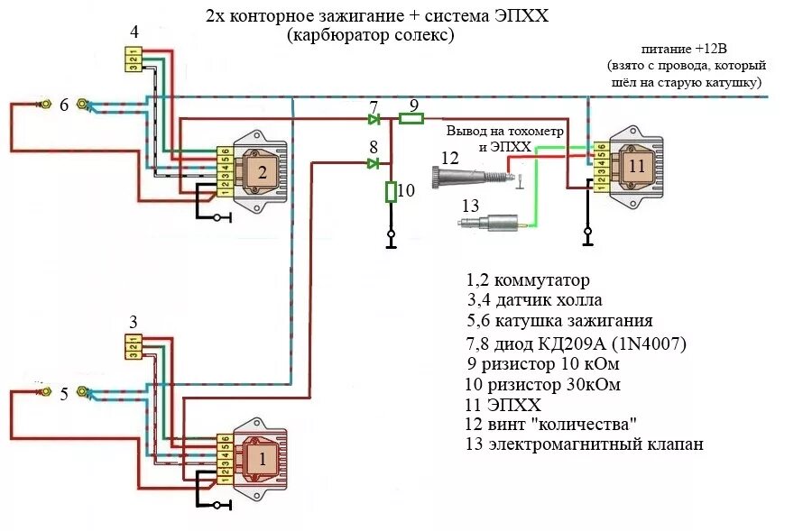 Система зажигания карбюратора. Схема подключения ЭПХХ ВАЗ 2108 солекс. Схема двухконтурной системы зажигания. Схема зажигания ВАЗ 2110 карбюратор с датчиком холла. Схема тахометра ВАЗ 2121 карбюратор.