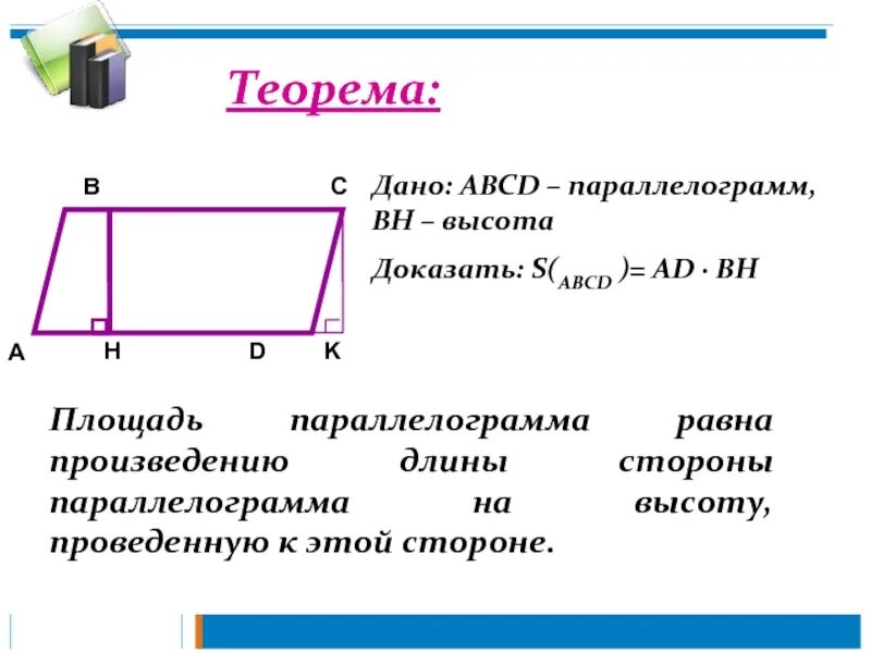 Формула площади параллелограмма формула. Высота параллелограмма формула. Теорема площадь параллелограмма 8. Площадь параллелограмма теорема и формула.