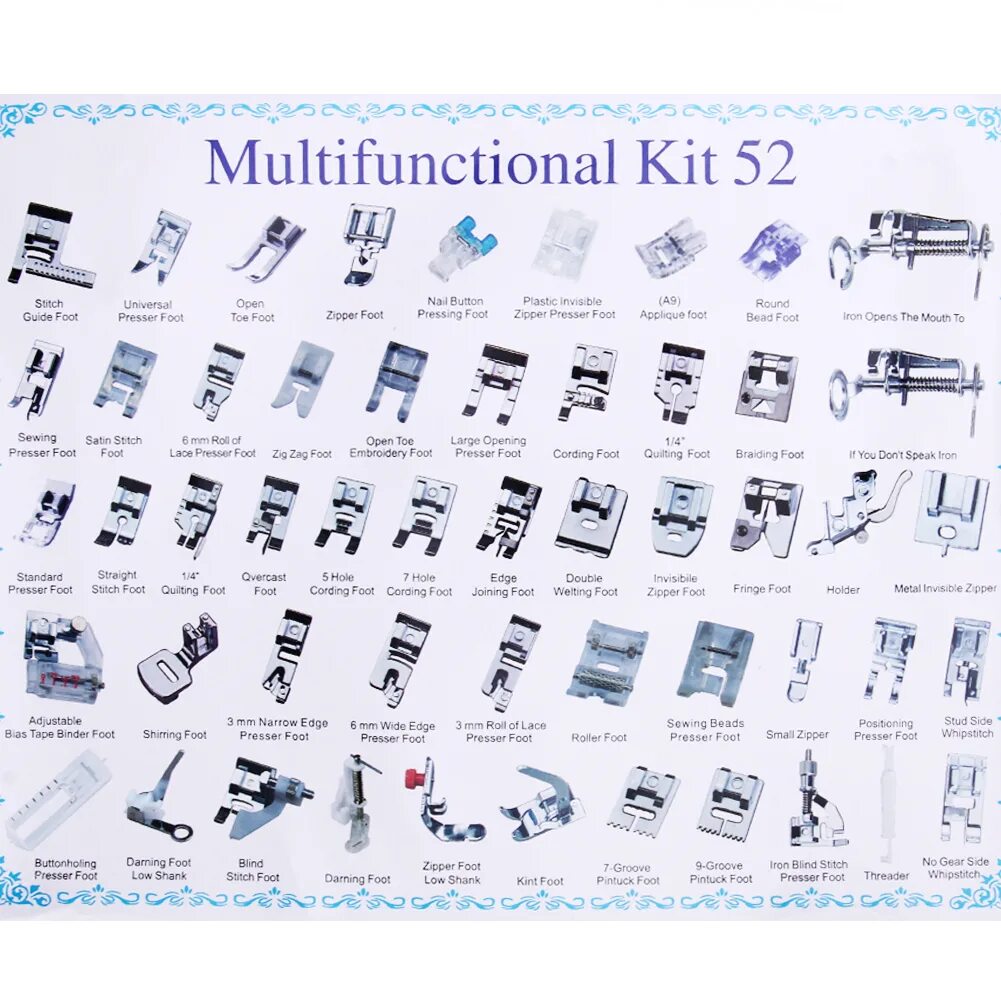 Описание швейных лапок. Набор швейных лапок 42 шт Multifuctional Kit. Набор лапок 32 шт для швейной машины Janome. Набор лапок и игл для машинки Janome. Набор лапок Multifunctional Kit 11