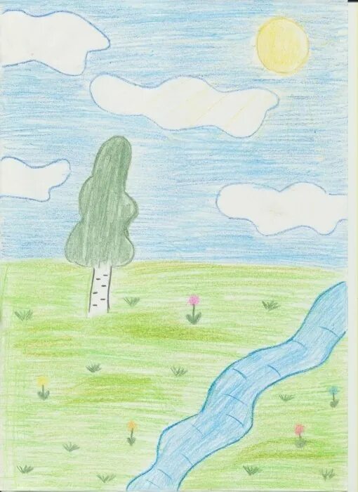Нарисовать рисунок к стихотворению. Рисование реки. Детские рисунки речки. Река детский рисунок. Рисунок речки для детей 1 класса.