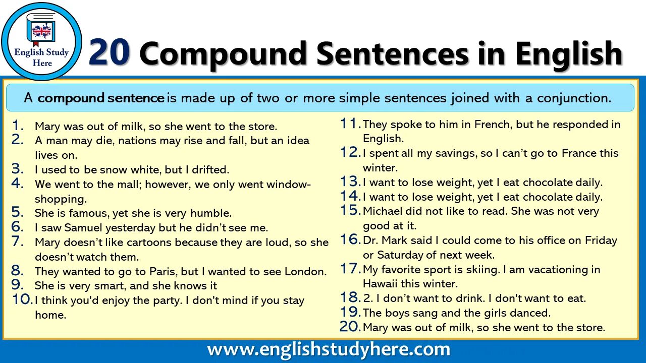 Sentences in English. Compound sentence. Compound sentences in English. Compound sentence examples.