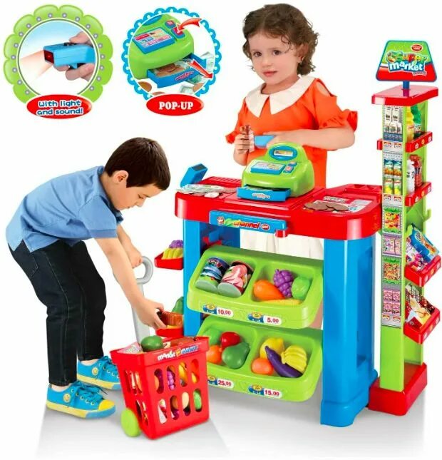 Игровой набор магазин 008-85. Игровой набор супермаркет с тележкой для покупок (звук, свет) (hw20022741). Детские игры. Интересные игрушки для детей.