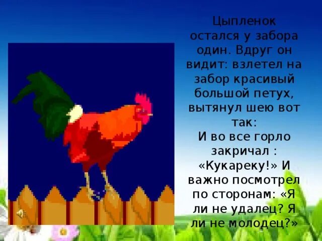 Цыпленок большой и маленький. Загадка про петушка для младшей группы. Чуковский к. На забор взлетел петух повстречал еще там двух. С михалков сказка ответ.