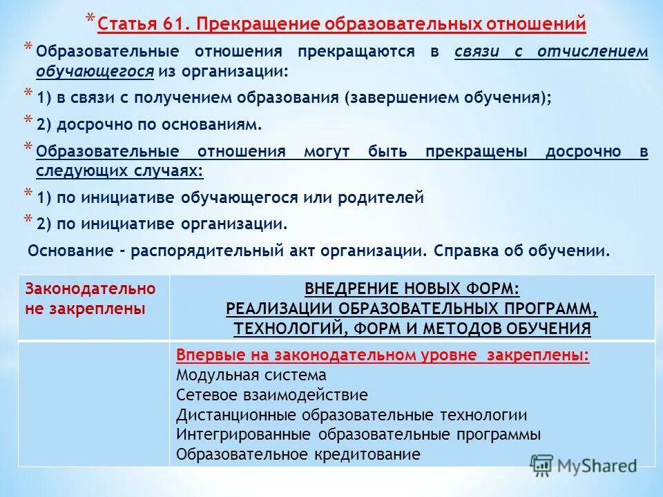 Образовательные отношения прекращаются. Прекращение образовательных отношений. Формы получения образования. Причины приостановления образовательных отношений.