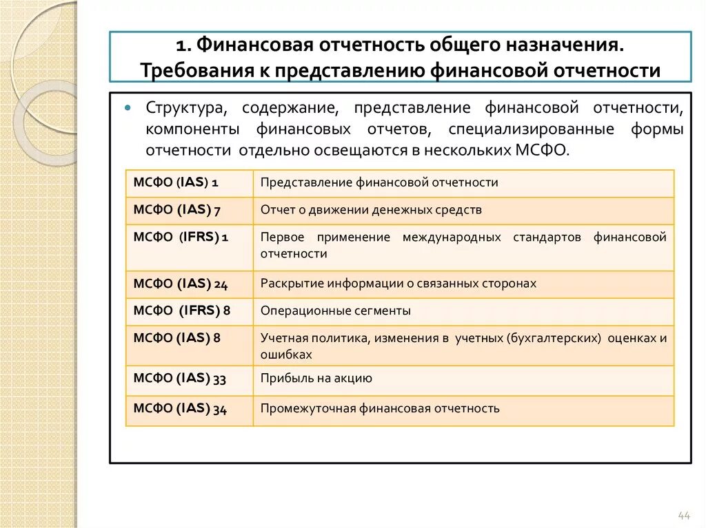 Международный учет и отчетность. Представление консолидированной финансовой отчетности по МСФО. Структура международных стандартов учета и финансовой отчетности. Структура финансовой отчетности. Основные требования и составления финансовой отчетности.