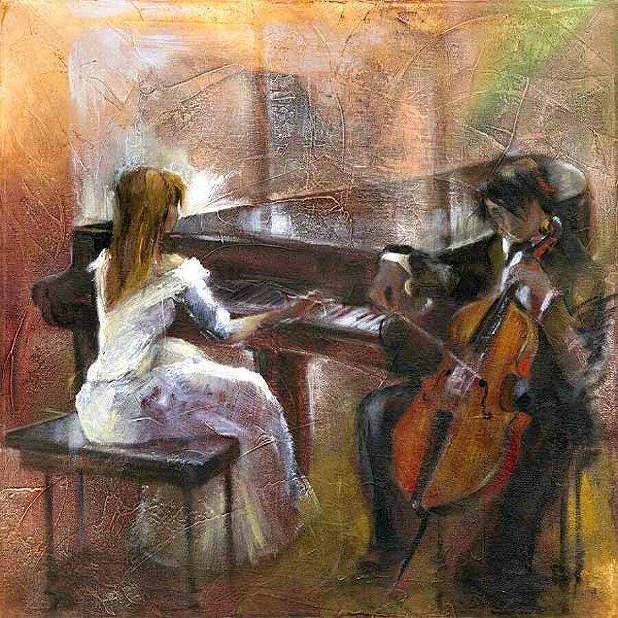 Образ романса. Художник Лена Сотскова (Lena Sotskova). Скрипачка и пианист картина. Акварели Лены Сотсковой. Музыканты в живописи.