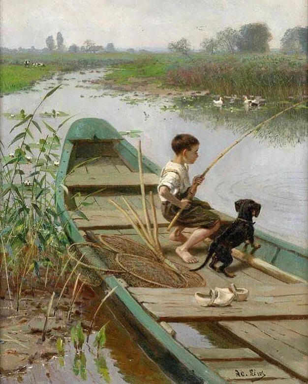 Произведение лодка. Художник Adolf Lins (1856-1927).