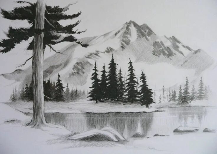 Рисунки графикой простым карандашом village river sun and bord drawing very amazing Shazzad68 Landscape pencil drawi