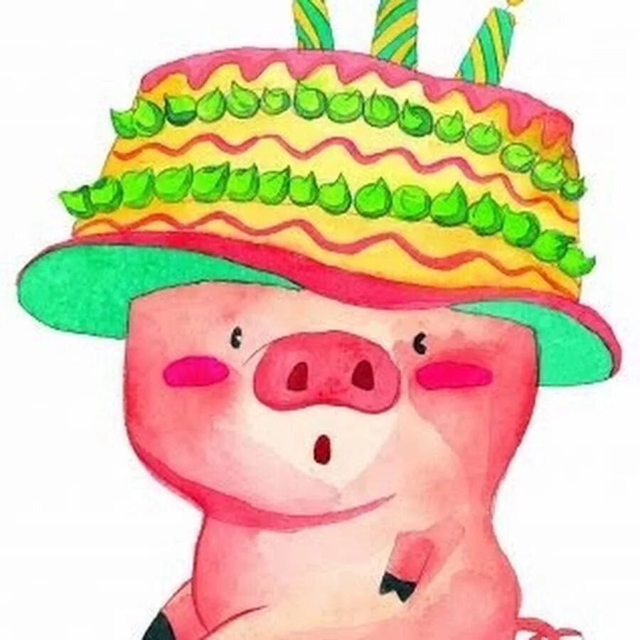 Днем рождения свинка. Свинка в праздничном колпаке. С днем рождения свинья. Свинья поздравляет с днем рождения. Открытка с днём рождения со свинкой.