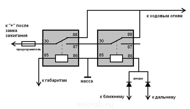 Как отключаются дхо при включении света. Схема включения ДХО на двух реле. Схема включения ходовых огней после запуска двигателя. Схема реле отключения ходовых огней. Схема ДХО Нива Шевроле.