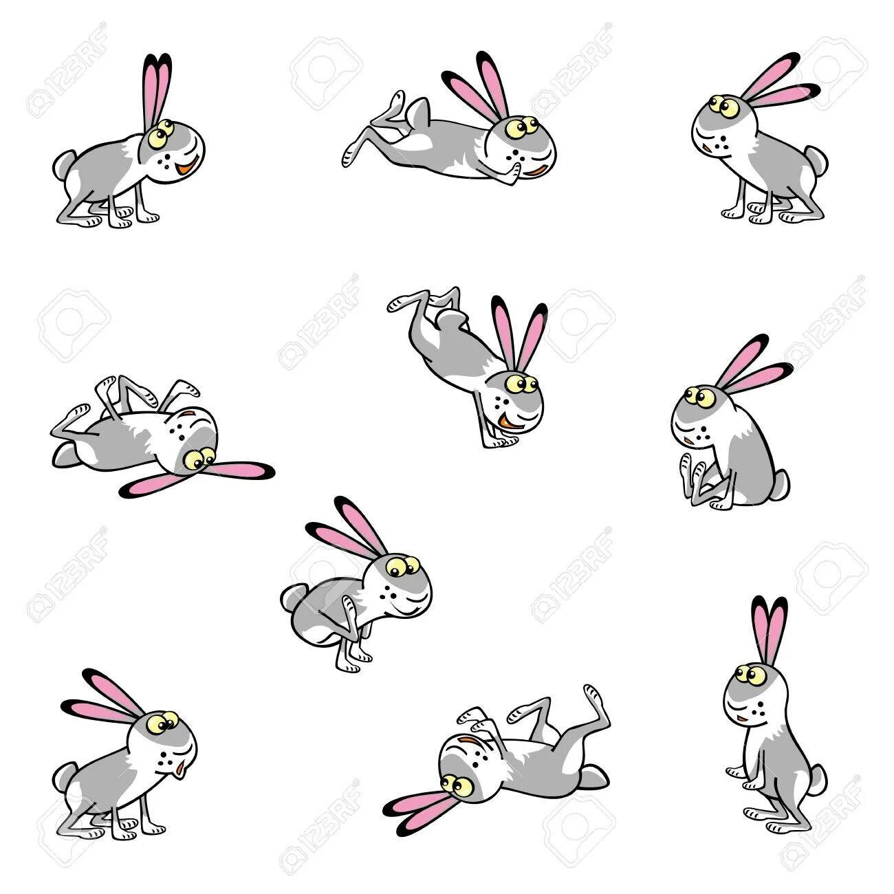 Зарядка зайчик. Заяц в разных позах. Мультяшный кролик с разной позой. Зайчик в разных позах рисунки. Кролик в разных позах вектор.