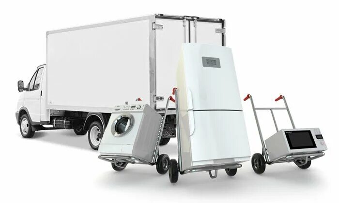 разгрузка машины. бытовая техника в тележке. перевоз вещей на машине. бытовые перевозки. машина для перевозки вещей.