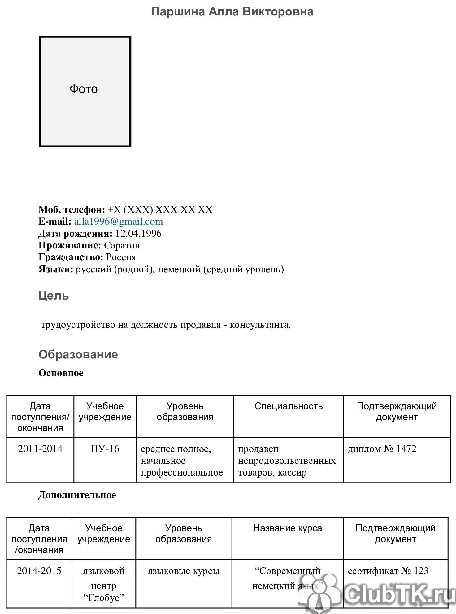Пример резюме продавец консультант. Пример резюме продавец консультант