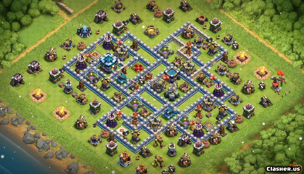 Clash of clans 13. 13 ТХ Clash of Clans. 13 Ратуша в Clash of Clans. Clash of Clans 13 ТХ расстановка. База в клэш ЛФ елэнсе 12 ТХ.