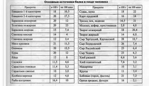 Содержания количества белка в продуктах