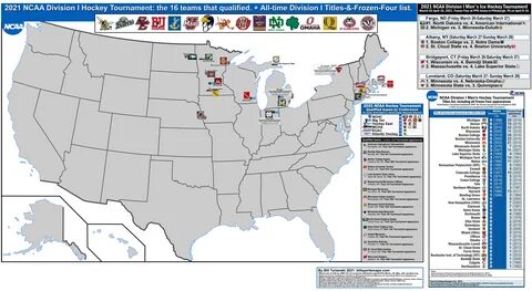 2021 NCAA Division I Hockey Tournament: map of the 16 teams that.