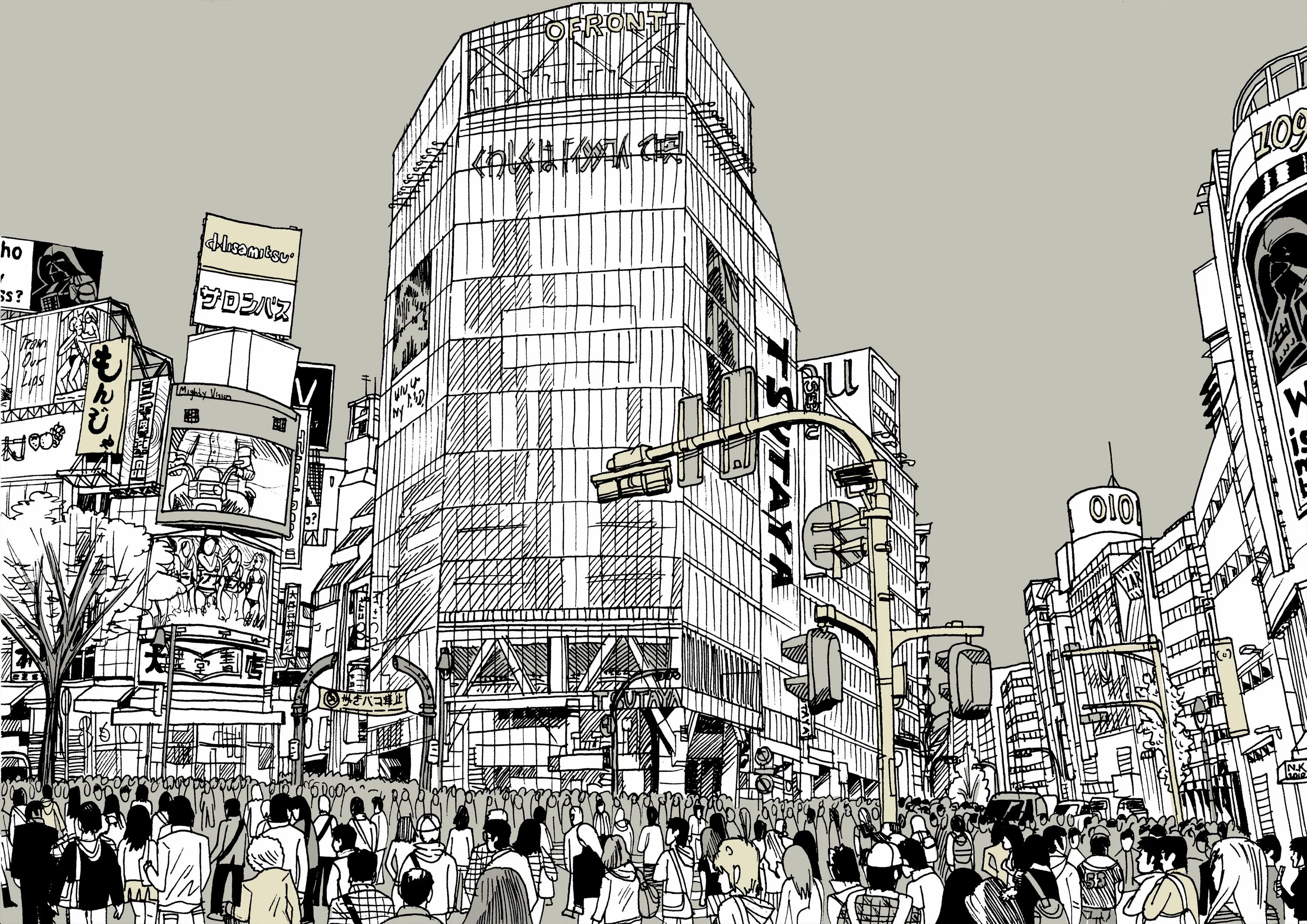 Люди в городе графика. Токио улица Манга. Токио скетч. Скринтон город.