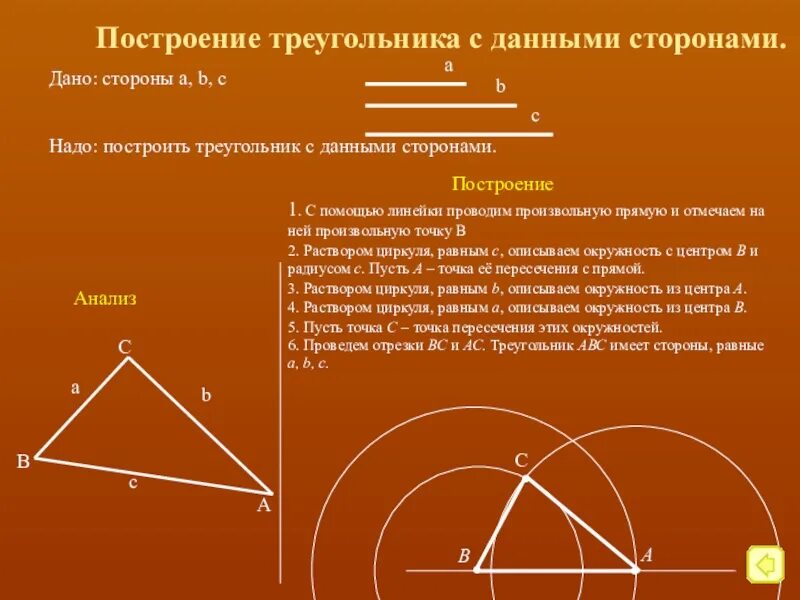 Построение треугольника с данными сторонами. Задачи на построение треугольника. Построение треугольника циркулем и линейкой. Алгоритм построения треугольника.