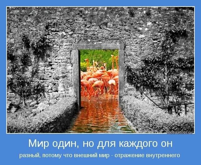 Каждый очень по разному. Внешний мир отражение внутреннего. каждый видит свой мир по своему. внешний мир это отражение внутреннего мира. у каждого свой мир.
