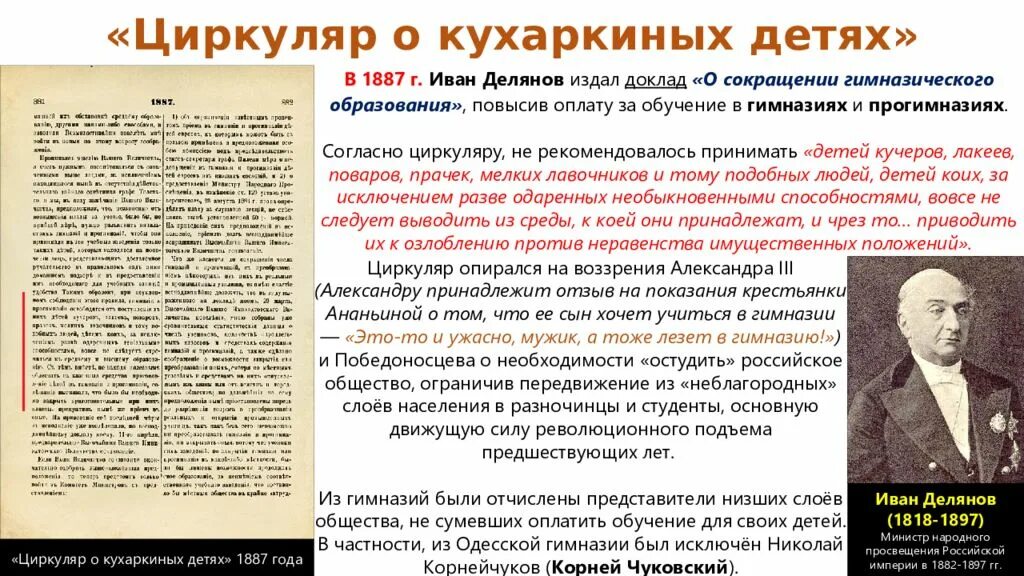 Были изданы в развитие. 1887 Год циркуляр о кухаркиных детях. Указ о кухаркиных детях 1887. Министр Просвещения, Автор циркуляра «о кухаркиных детях»\. 1887 Г. – принятие циркуляра «о кухаркиных детях»..