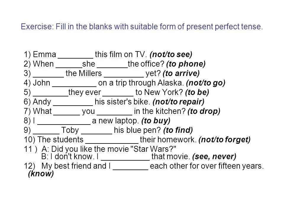 Present perfect tense упражнения