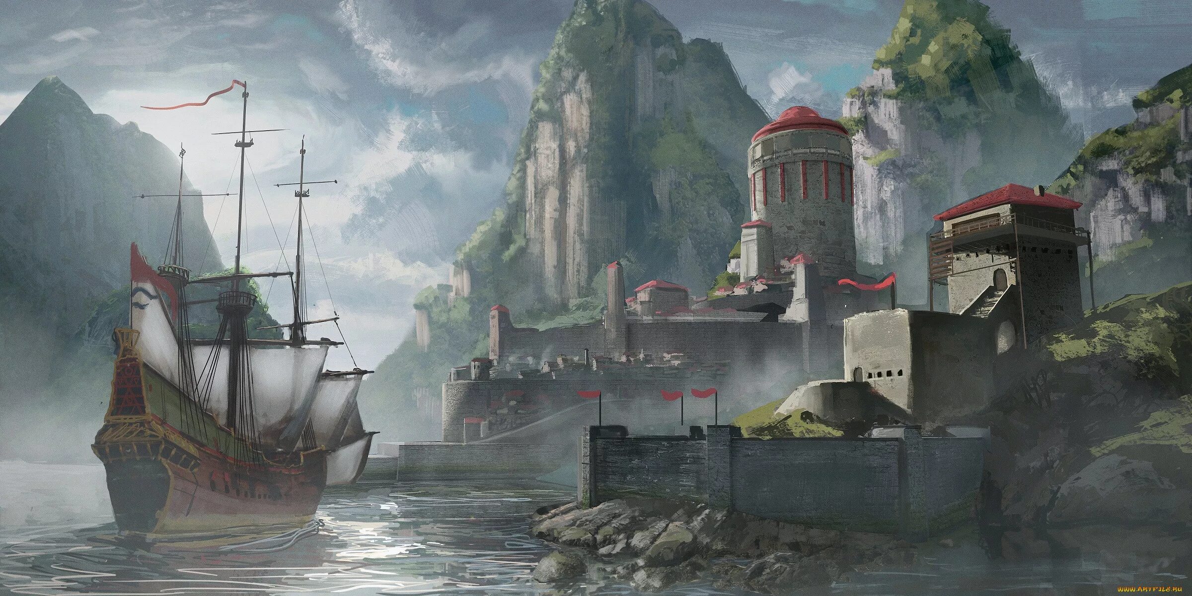 Крепость фэнтези. Средневековый порт. Фэнтези корабль крепость. Фэнтези город у моря. Прим арт