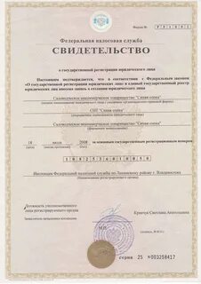 Свидетельство о государственной регистрации лица