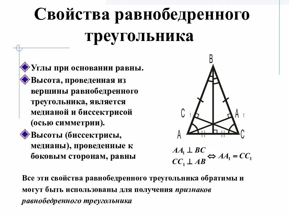 Середина стороны треугольника является точка. Высота в равнобедренном треугольнике свойства. Св-ва равнобедренного треугольника. Свойства равнобедренного треугольника. Пересечение высот в равнобедренном треугольнике свойства.