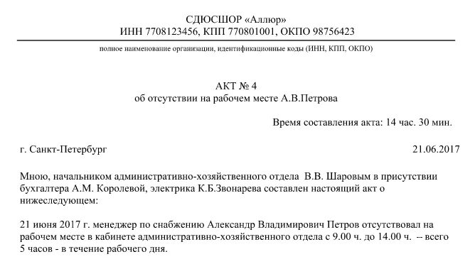 Отсутствие работника в течении рабочего дня. Как оформляется прогул. прогул работника без уважительной причины. акт об увольнении. как правильно оформить прогул работника без уважительной причины.