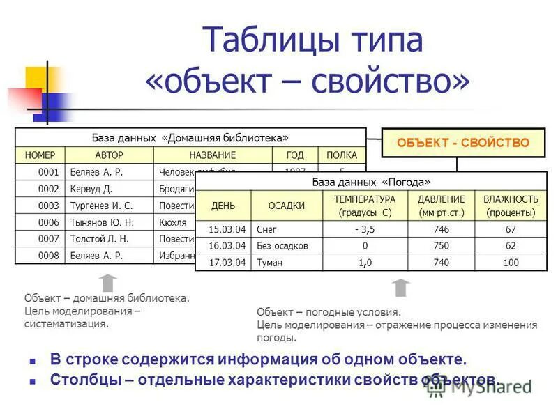 Виды таблиц примеры. База данных домашняя библиотека. Табличная модель объект свойство. Таблицы типа объект-свойство домашняя библиотека. Дайте характеристику таблице типа объект свойство.