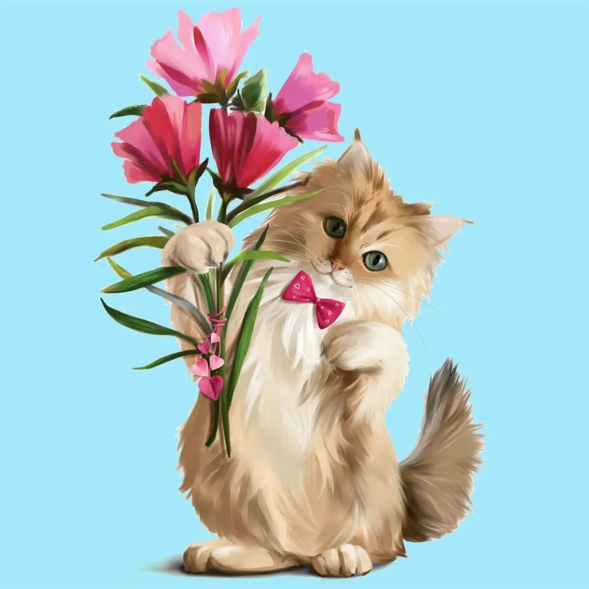 Открытка кот с цветами. Котенок с цветами. Котик с букетиком. Котенок с букетом цветов. Кот дарит цветы.