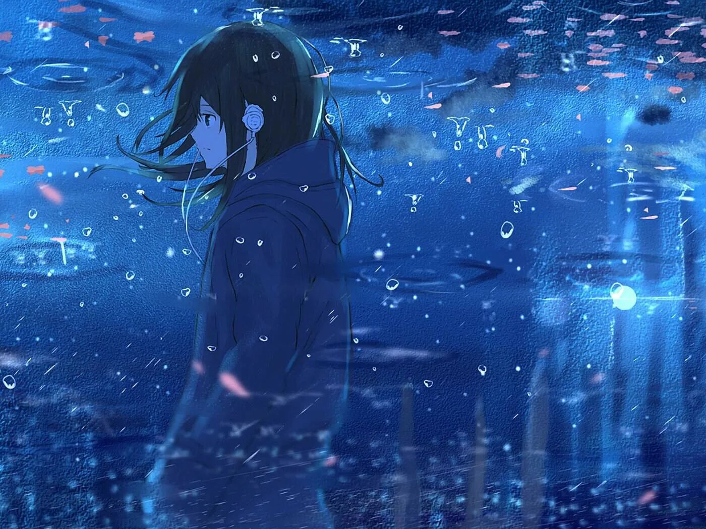 синяя печаль. улыбается смотря на небо. атмосфера души. под синей грустью. аниме парни в наушниках и капюшоне.