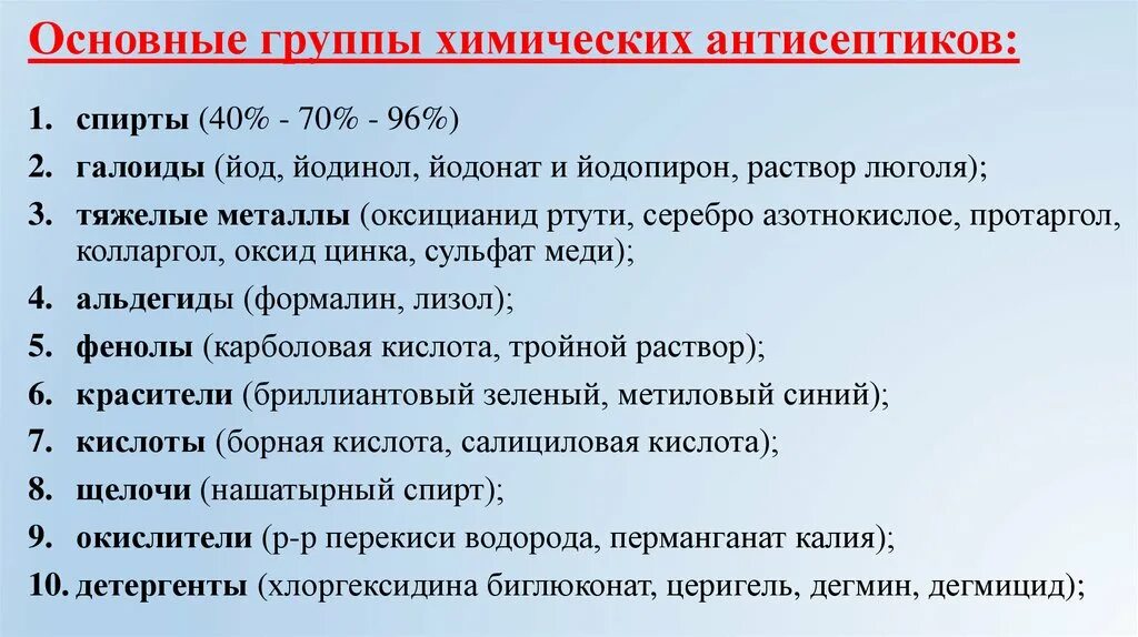 Препараты группы антисептиков и дезинфицирующих средств. Химическая антисептика в хирургии группы препаратов. Характеристика химических антисептиков. Основные группы химических антисептических средств.