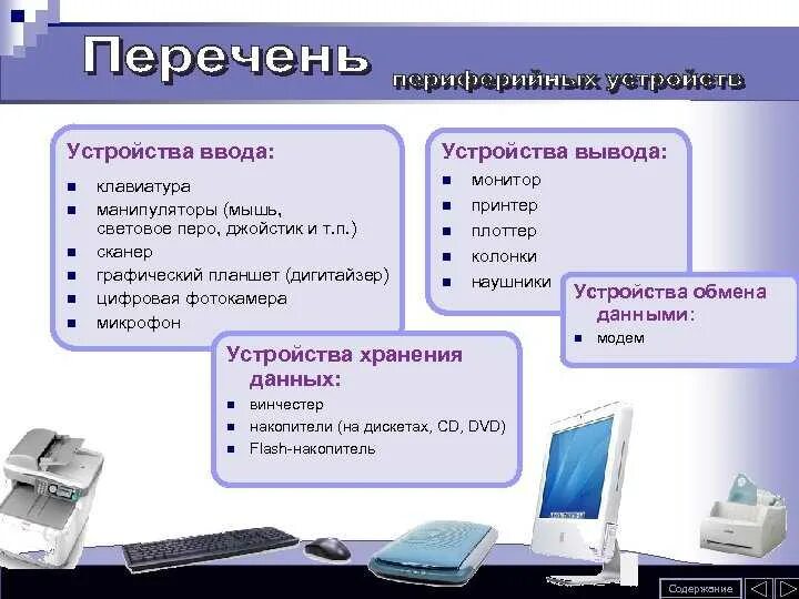 Компьютерные устройства. Периферийные устройства компьютера. Перечень периферийных устройств. Периферийные устройства ввода и вывода.